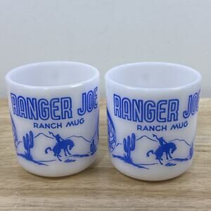 1950's Milk Glass Ranger Joe Ranch Mug Set of 2 Blue Hazel Atlas Vintage 3”